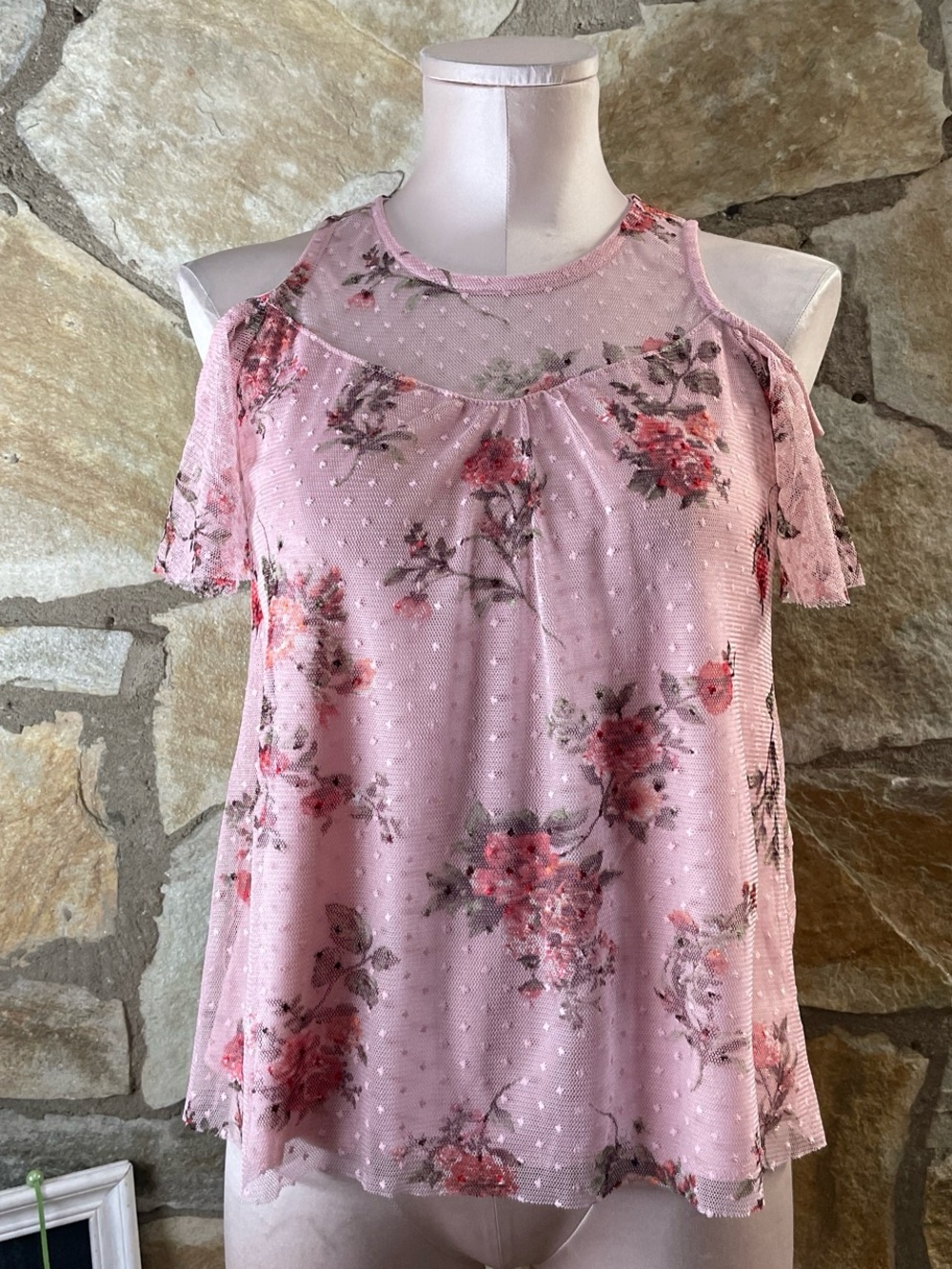 BONGO Pink Floral Cold-Shoulder Mesh Top
